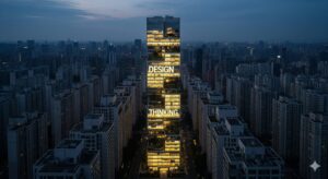 회색 빌딩 숲 사이에서 홀로 환하게 빛나고 있는 현대적인 디자인의 건물, 빌딩 블록에 'DESIGN THINKING'이라는 영어 단어가 각인되어 있다. 혁신적인 아이디어를 상징한다.