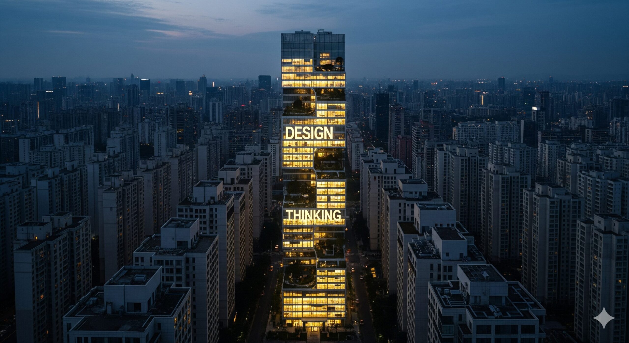 회색 빌딩 숲 사이에서 홀로 환하게 빛나고 있는 현대적인 디자인의 건물, 빌딩 블록에 'DESIGN THINKING'이라는 영어 단어가 각인되어 있다. 혁신적인 아이디어를 상징한다.