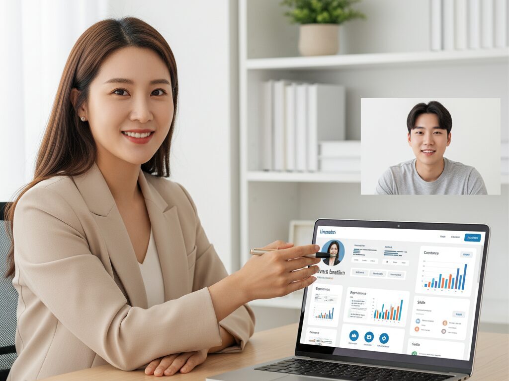 N잡 창업가인 한국인 컨설턴트가 Z세대 고객에게 화상회의로 맞춤형 해외취업 링크드인 브랜딩 전략을 제시하고 있다.