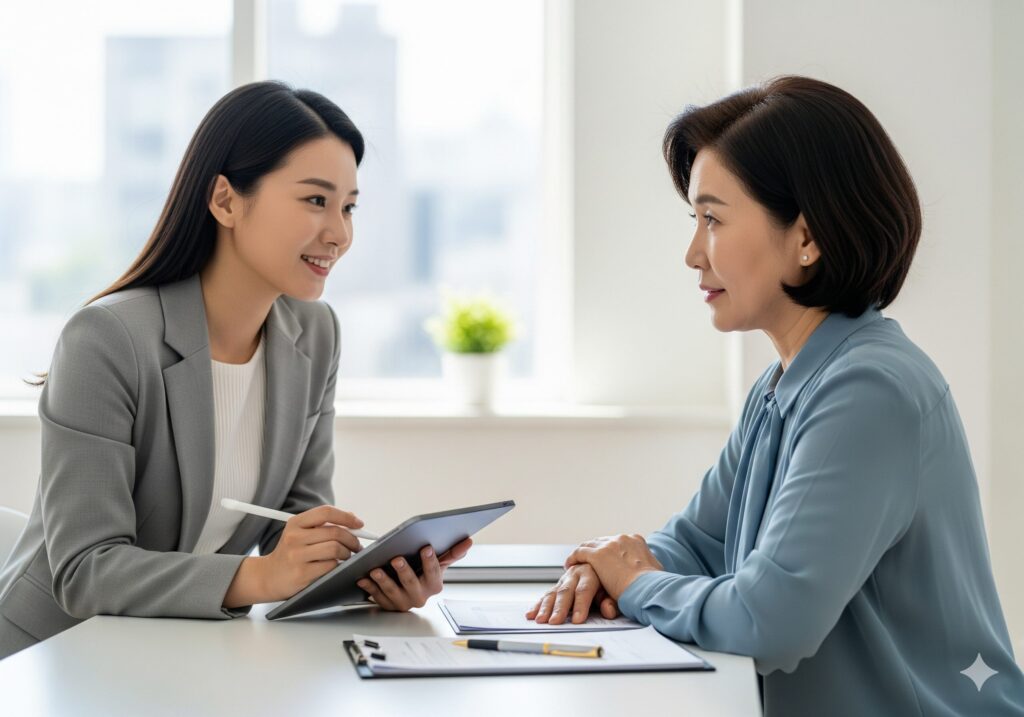 N잡을 시작한 생활설계 컨설턴트가 시니어 고객의 문제를 경청하며 신뢰를 바탕으로 맞춤 해결책을 제시하는 모습.