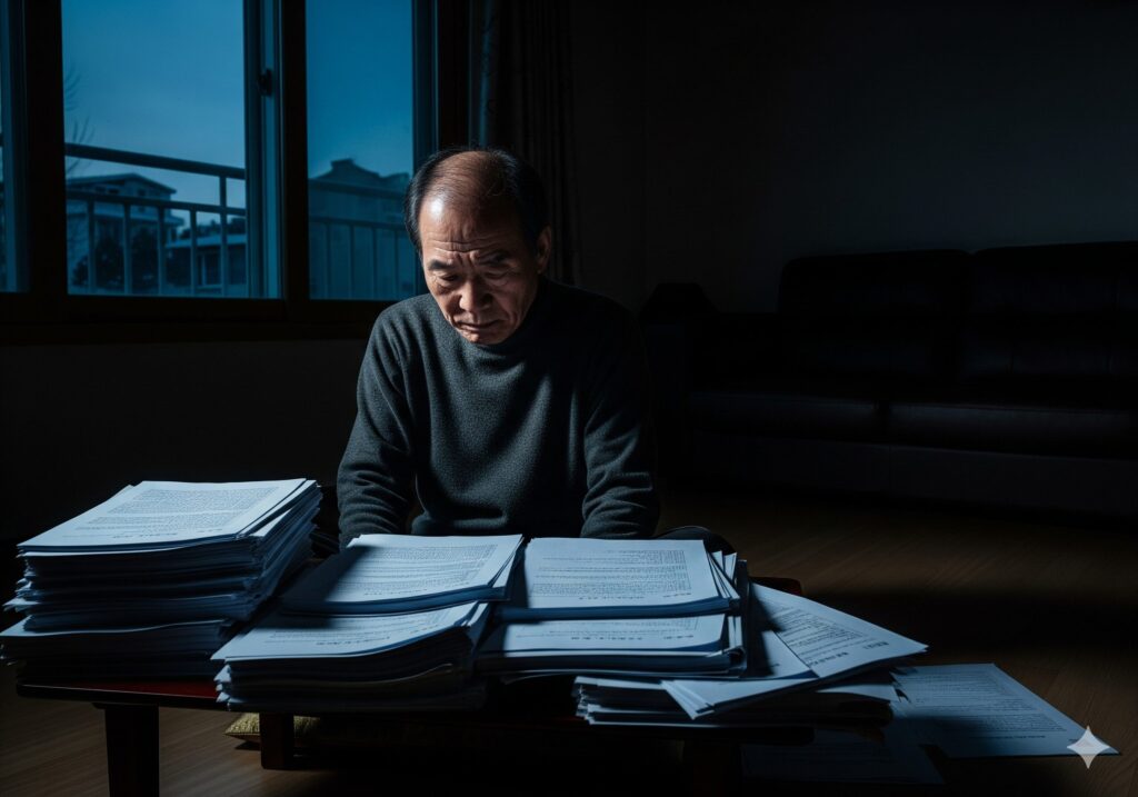 황혼 이혼 후 재무, 건강, 관계 등 복잡한 문제 앞에서 막막함을 느끼는 시니어.