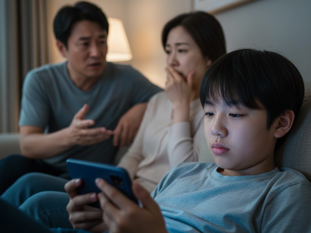 스마트폰 속 자극적인 콘텐츠에 무방비로 노출된 10대 자녀를 보며 걱정하는 부모님