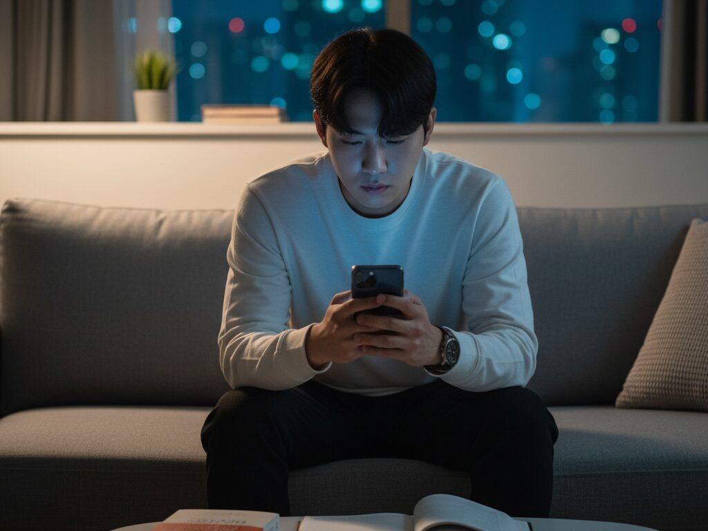 늦은 밤 집에서 홀로 스마트폰을 보며 외로움과 막막함을 느끼는 1인 가구 청년