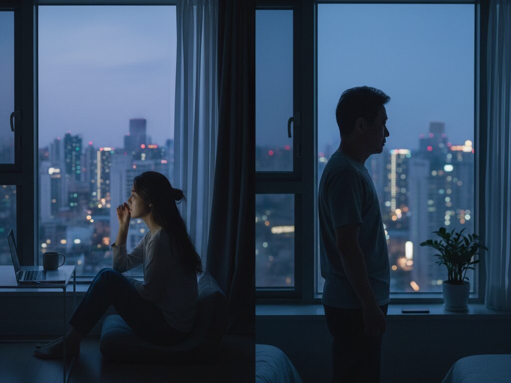 저녁에 혼자 원룸 창가에 앉아 도시 야경을 보며 외로움과 고립감을 느끼는 한국인 1인 가구의 모습.