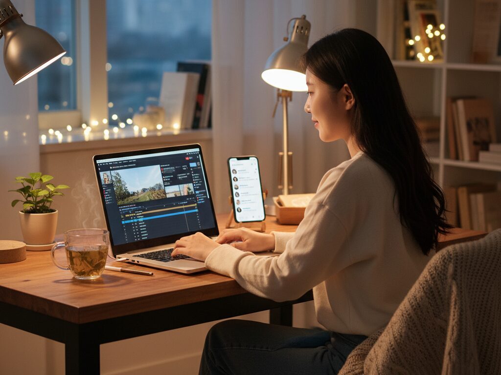 한국인 커뮤니티 운영자가 1인 가구를 위한 웰니스 유튜브 콘텐츠를 만들면서 동시에 카카오톡 오픈채팅방에서 멤버들과 따뜻하게 소통하는 모습.