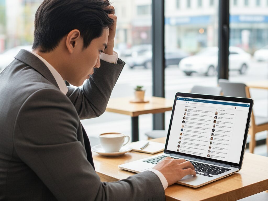 노트북으로 자신과 비슷한 수많은 경쟁자들을 보며 어떻게 차별화할지 몰라 막막해하는 한국인 1인 기업가의 모습.