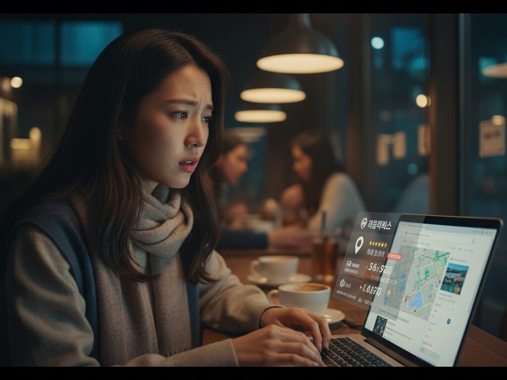 늦은 밤 카페에서 워케이션 장소를 알아보며, 1인 여성으로서 안전 정보 부족으로 불안해하고 있는 한국 여성 N잡러의 모습.