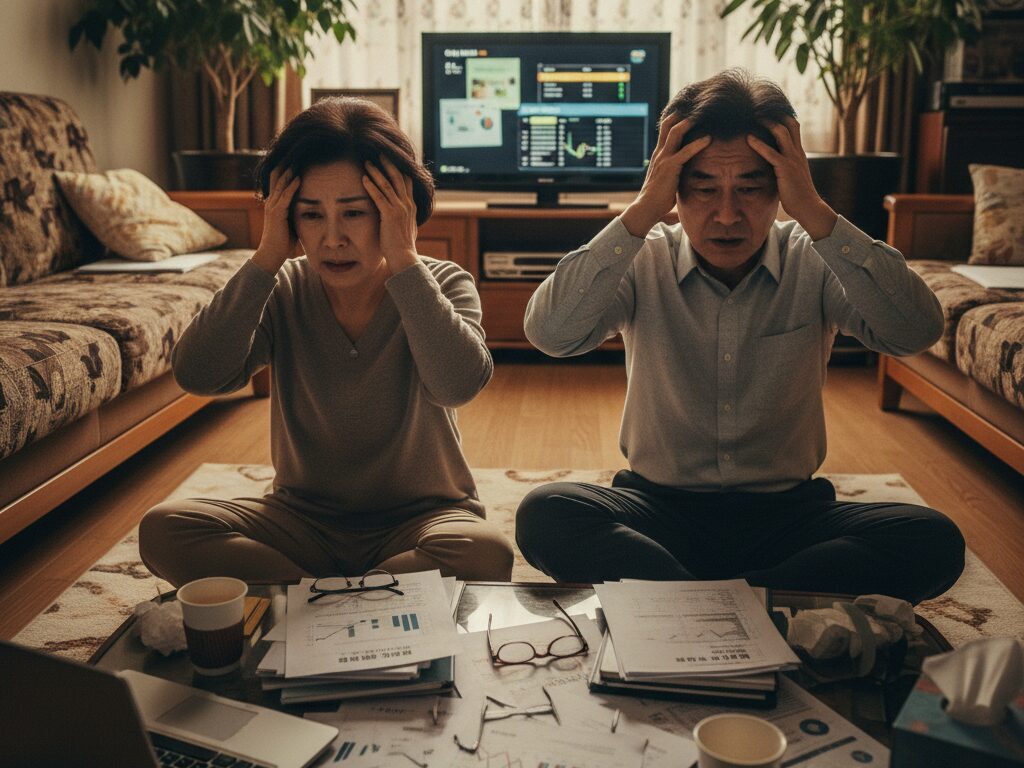 은퇴 연금 서류 더미 앞에서 복잡한 표정으로 고민에 빠진 50대 한국인 부부의 모습.