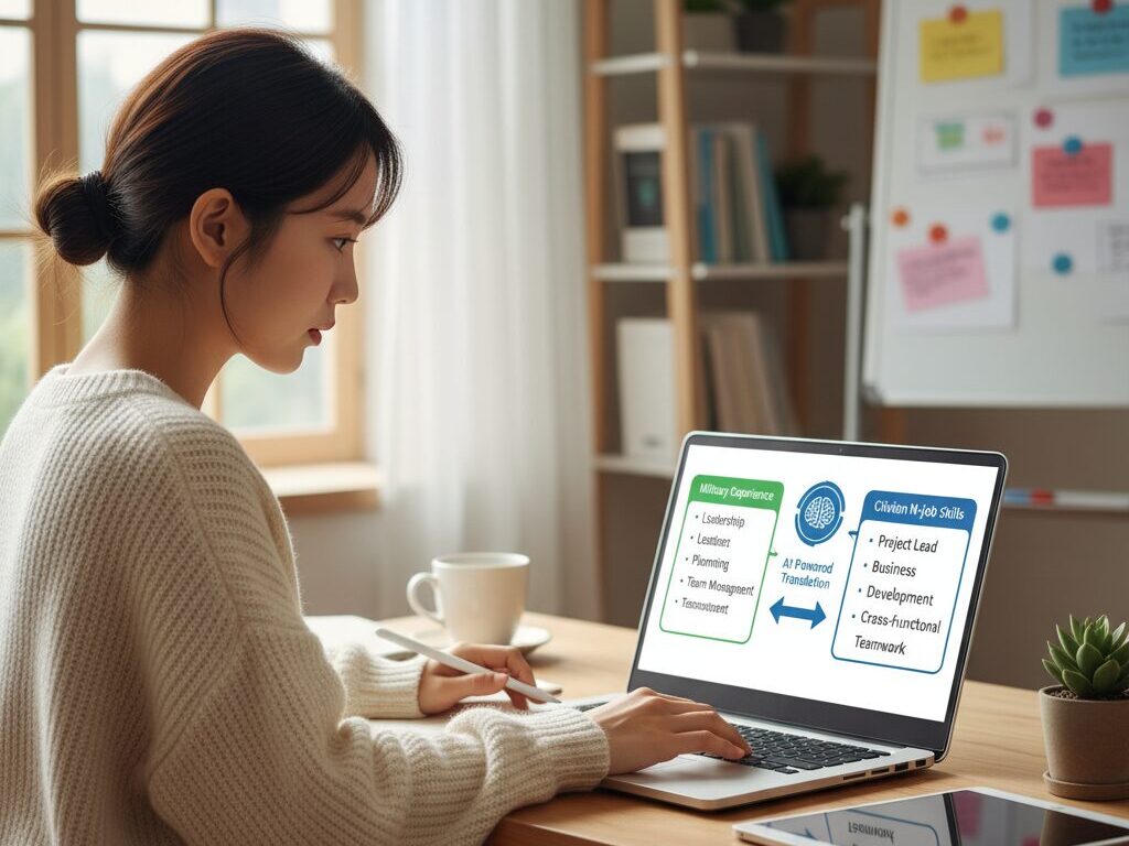한국인 독자가 자신의 홈오피스에서 AI를 활용해 군 경력을 민간 N잡 역량으로 번역하는 맞춤형 정보 콘텐츠를 제작하는 전문적인 모습.