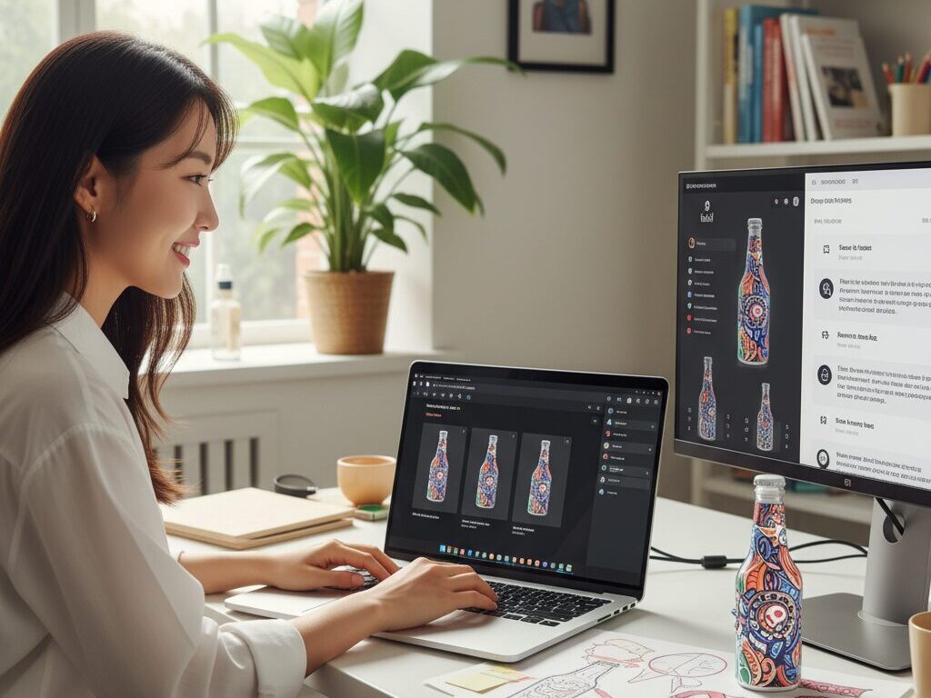 한국인 크리에이터가 AI 이미지 및 스토리텔링 도구를 활용하여 기업의 철학을 담은 독창적인 노블티 광고 시안을 제작하는 모습.