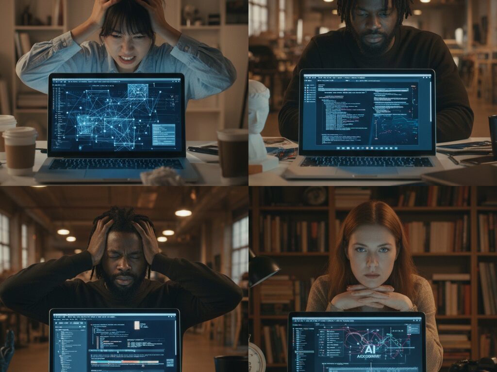 다양한 인종의 글로벌 크리에이터들이 노트북 앞에서 AI 도구의 복잡한 화면을 보며 좌절하고 머리를 감싸 쥐고 있는 모습.