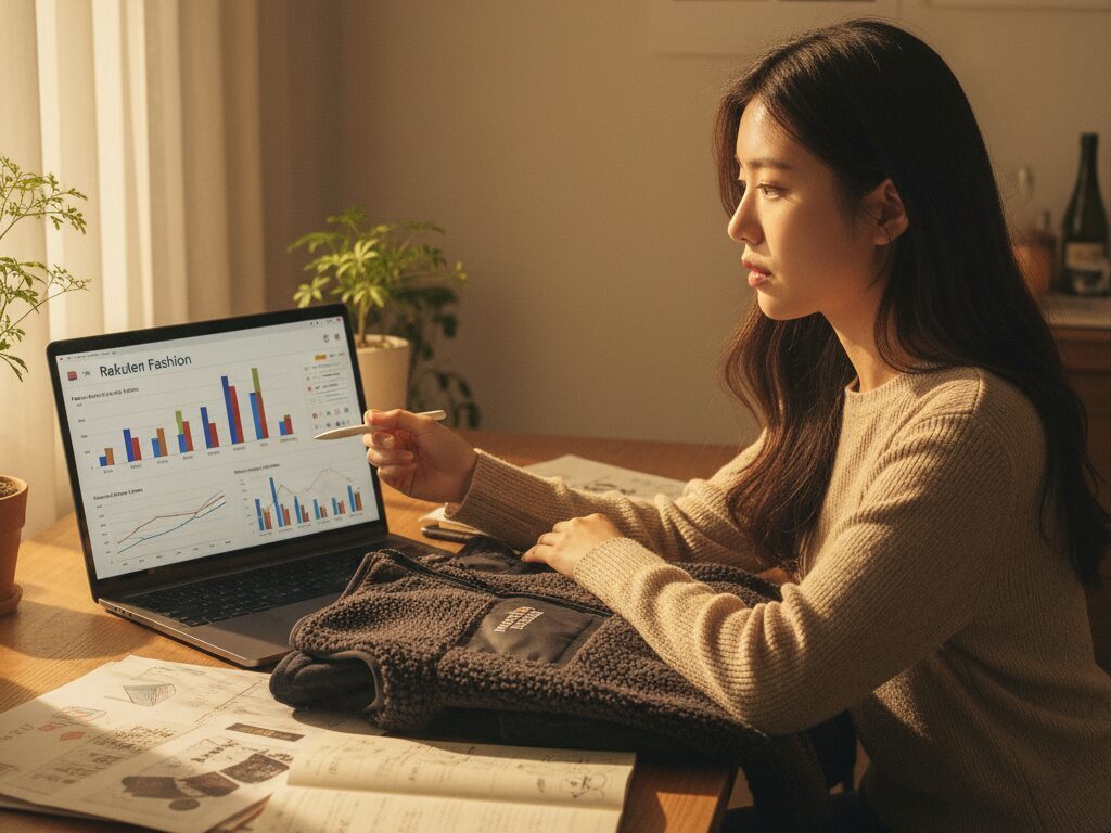 한국인 독자가 자신의 홈오피스에서 AI로 라쿠텐 패션 데이터를 분석하고, 실제 일본 브랜드 의류를 비교하며 큐레이션 콘텐츠를 제작하는 모습.