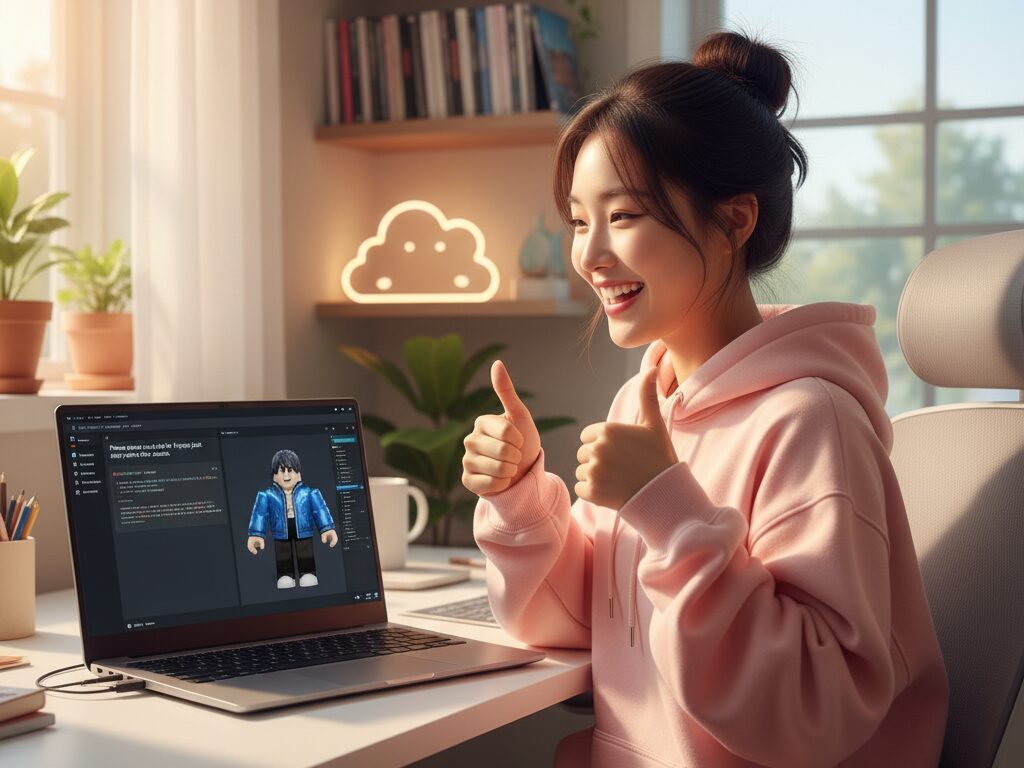 한국인 독자가 홈오피스에서 AI와 대화하듯 자연스럽게 로블록스 코드를 생성하는 '바이브 코딩'으로 즐겁게 아이템을 제작하는 모습.