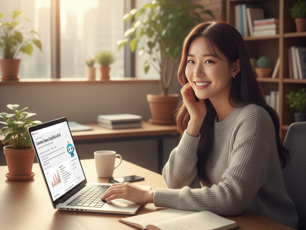 한국인 블로거가 홈오피스에서 AI의 도움을 받아 어려운 경제 뉴스를 초보자 눈높이에 맞춰 쉽고 솔직하게 '번역'하여 블로그 글을 쓰는 모습.
