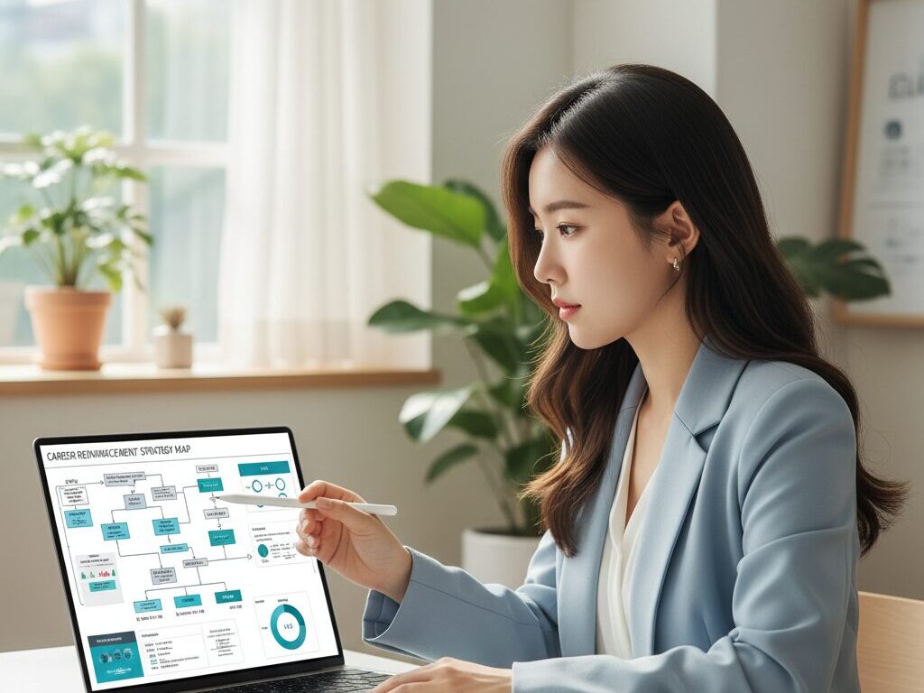 한국인 컨설턴트가 시니어의 30년 경력을 분석하여 AI 기술과 결합하는 '경력 재무장' 전략을 수립하는 전문적인 모습.