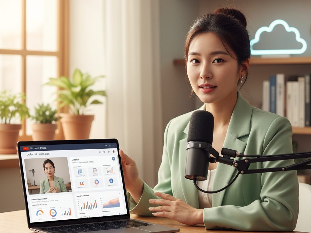 한국인 유튜버가 자신의 홈 스튜디오에서 직장인들을 위해 AI 실무 활용법 유튜브 튜토리얼 영상을 녹화하는 전문적인 모습.