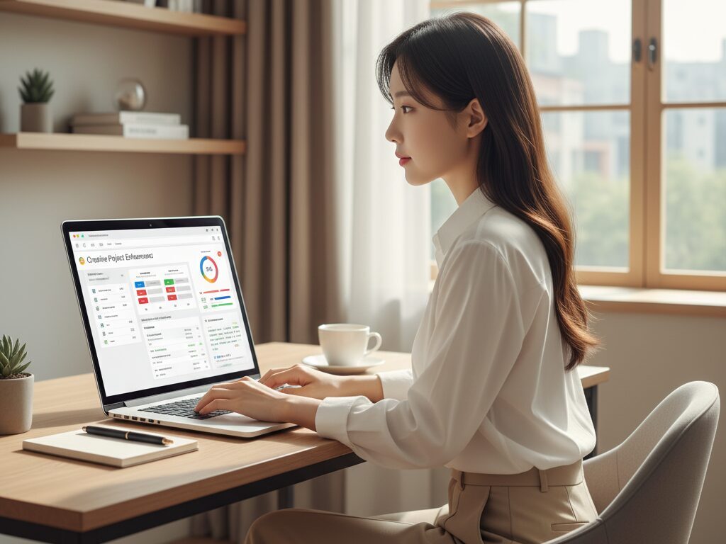 한국인 N잡 전문가가 자신의 깔끔한 홈 오피스에서 노트북으로 AI 도구를 능숙하게 활용하여 글로벌 창작자들의 문제를 해결해주고 있는 모습.