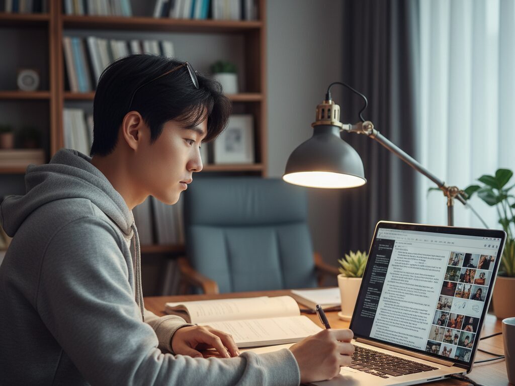 N잡 창업가가 AI 영상 생성 도구를 활용해 복잡한 지식 콘텐츠를 제작하기 위해 프롬프트를 작성하고 있다.