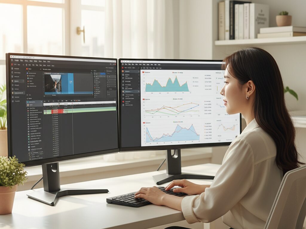 한국인 유튜브 성장 파트너가 홈오피스에서 AI 편집 도구와 채널 분석 툴을 활용하여 크리에이터의 성장을 효율적으로 지원하는 모습.