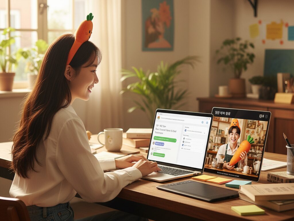 한국인 이벤트 기획자가 AI 도구를 활용하여 소상공인 가게를 위한 MZ세대 타겟 이색 경험 이벤트 아이디어를 기획하고 홍보 시안을 만드는 모습.