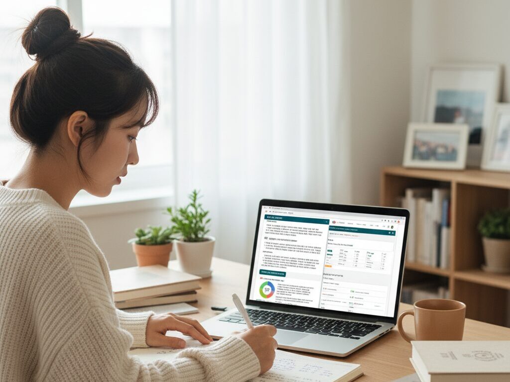 한국인 독자가 자신의 홈오피스에서 AI로 밥솥 유해성 관련 논문과 공식 자료를 꼼꼼하게 팩트체크하며 주방 안전 정보 콘텐츠를 제작하는 모습.