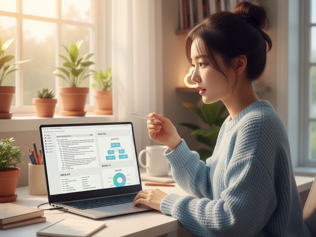 한국인 독자가 자신의 홈오피스에서 AI로 퀵플렉서 관련 데이터를 분석하고, 복잡한 계약 정보를 알기 쉬운 권익 보호 가이드로 만들어 블로그에 작성하는 모습.