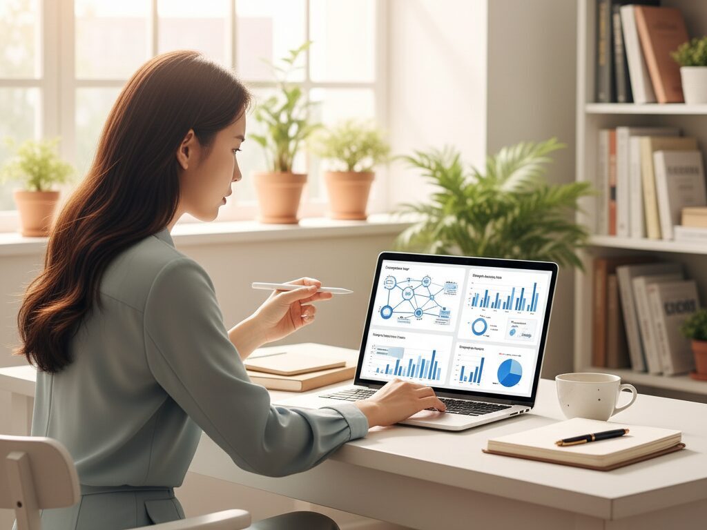 한국인 컨설턴트가 홈오피스에서 AI 분석 도구를 활용해 1인 기업가 고객의 경쟁 환경을 분석하고 차별화 전략 리포트를 작성하는 모습.