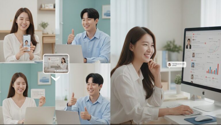 N잡 창업 아이디어 성공 모습. 웰니스 콘텐츠와 커뮤니티를 통해 위로받고 연결감을 느끼는 한국인 1인 가구들과, 그들의 긍정적인 반응에 보람을 느끼는 한국인 커뮤니티 운영자.