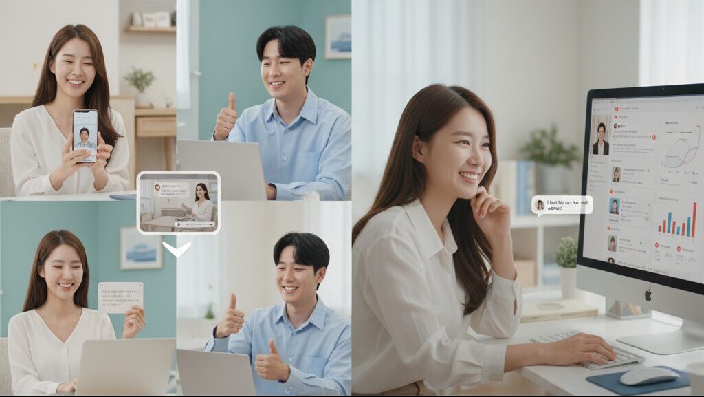 N잡 창업 아이디어 성공 모습. 웰니스 콘텐츠와 커뮤니티를 통해 위로받고 연결감을 느끼는 한국인 1인 가구들과, 그들의 긍정적인 반응에 보람을 느끼는 한국인 커뮤니티 운영자.