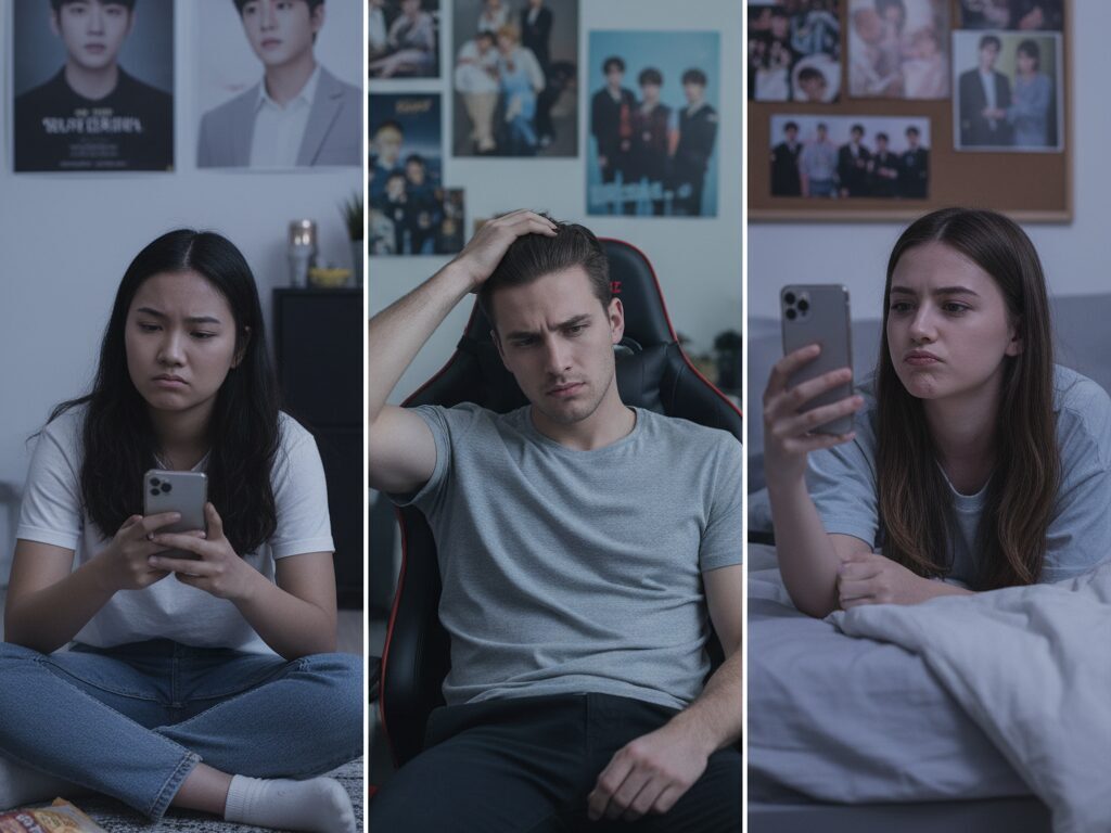 다양한 국적의 K-컬처 팬들이 스마트폰을 보며 K-콘텐츠 정보를 찾지 못해 답답해하는 모습.