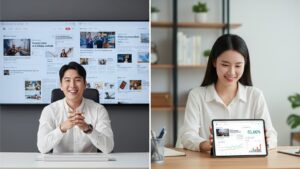 N잡 창업 아이디어 성공 모습. AI 노블티 광고 캠페인 성공에 만족하는 한국인 마케팅 담당자와, 성공적인 N잡 성과에 뿌듯해하는 한국인 광고 기획자.