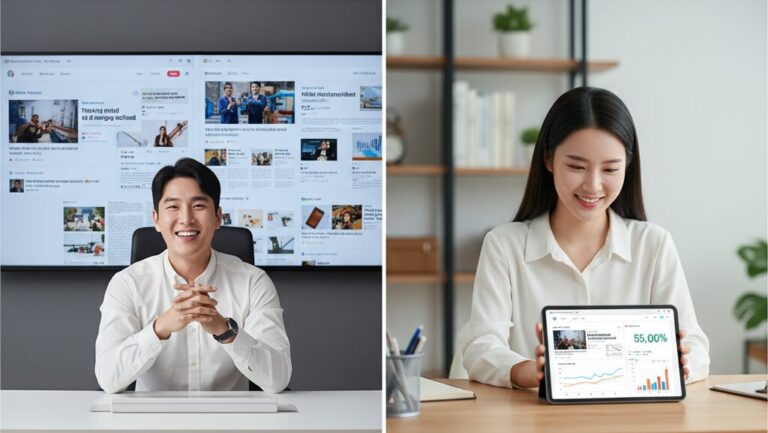 N잡 창업 아이디어 성공 모습. AI 노블티 광고 캠페인 성공에 만족하는 한국인 마케팅 담당자와, 성공적인 N잡 성과에 뿌듯해하는 한국인 광고 기획자.