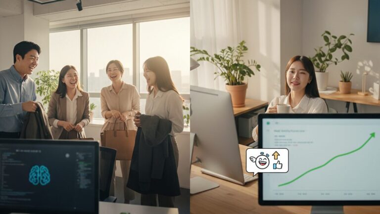 N잡 창업 아이디어로 성공한 모습. 유튜브 AI 팁 덕분에 칼퇴근하며 만족하는 한국인 직장인들과, 높은 채널 수익과 감사 댓글을 보며 뿌듯해하는 한국인 유튜버.