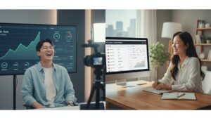 N잡 창업 아이디어 성공 모습. AI 파트너 덕분에 편집 부담 없이 콘텐츠 제작에 집중하는 한국인 유튜버와, 클라이언트의 성공과 자신의 사업 성장에 만족하는 한국인 전문가.