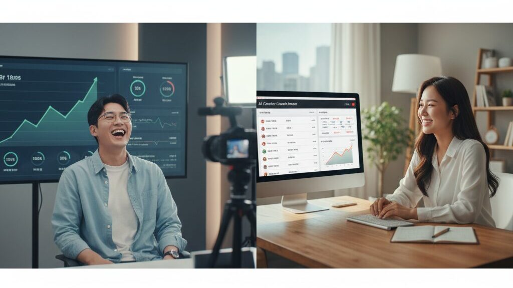 N잡 창업 아이디어 성공 모습. AI 파트너 덕분에 편집 부담 없이 콘텐츠 제작에 집중하는 한국인 유튜버와, 클라이언트의 성공과 자신의 사업 성장에 만족하는 한국인 전문가.