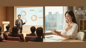 N잡 창업 아이디어로 성공한 모습. 차별화된 전문가로 인정받아 강연하는 한국인 1인 기업가 고객과, 성공적인 컨설팅 결과에 뿌듯해하는 한국인 컨설턴트.