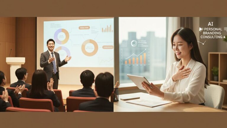 N잡 창업 아이디어로 성공한 모습. 차별화된 전문가로 인정받아 강연하는 한국인 1인 기업가 고객과, 성공적인 컨설팅 결과에 뿌듯해하는 한국인 컨설턴트.