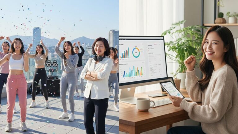 N잡 창업 아이디어 성공 모습. 왼쪽엔 '모닝 레이브' 웰니스 이벤트에서 즐거워하는 한국 MZ세대 직원들과 만족하는 기업 담당자, 오른쪽엔 성공적인 결과를 보며 뿌듯해하는 한국인 기획자.