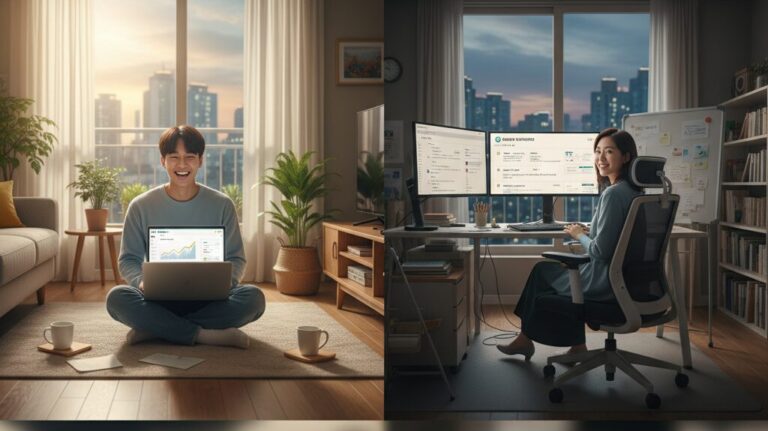 N잡 창업 아이디어 성공 모습. 네이버 블로그 수익화에 성공하여 기뻐하는 한국인 초보 블로거들과, 자신의 콘텐츠 채널 성공과 독자들의 감사 인사에 뿌듯해하는 한국인 전문가.