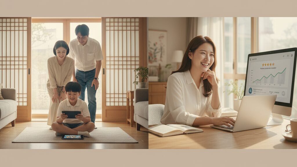 N잡 창업 아이디어 성공 모습. 노코드 금융 게임 앱을 즐겁게 하는 한국인 초등학생과 만족하는 부모, 그리고 앱의 성공적인 성과에 뿌듯해하는 한국인 개발자.