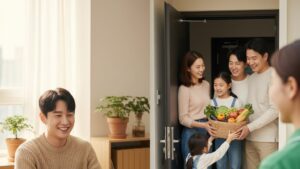 N잡 창업 아이디어로 성공한 동네 신선식품 자사몰의 모습. 신선한 과일 꾸러미를 받아 만족하는 한국인 고객과, 노트북으로 성공적인 판매 실적을 확인하며 뿌듯해하는 한국인 N잡 창업가.