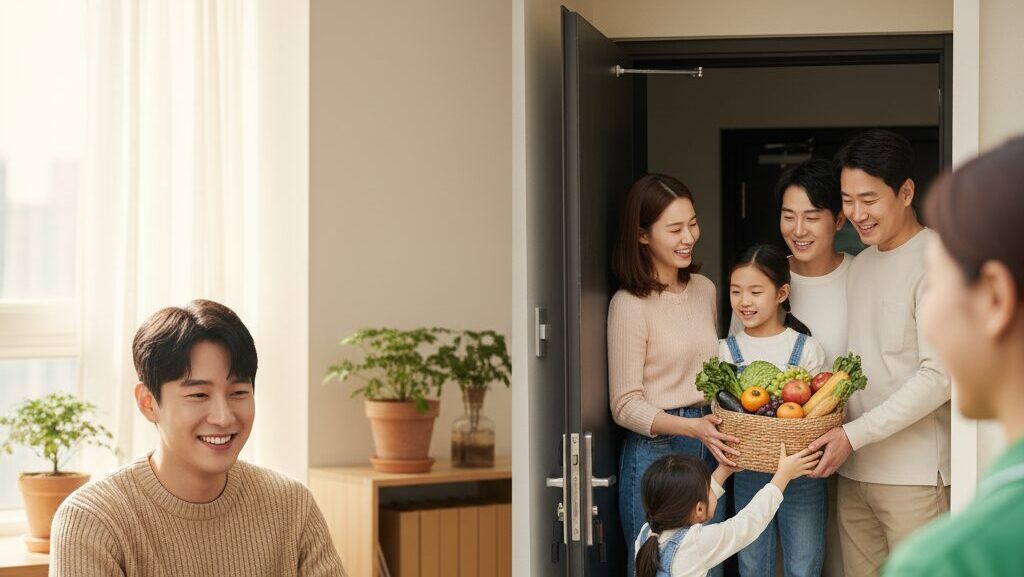 N잡 창업 아이디어로 성공한 동네 신선식품 자사몰의 모습. 신선한 과일 꾸러미를 받아 만족하는 한국인 고객과, 노트북으로 성공적인 판매 실적을 확인하며 뿌듯해하는 한국인 N잡 창업가.