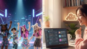 N잡 창업 아이디어로 성공한 모습. AI 바이브 코딩으로 만든 로블록스 아이템을 입고 즐거워하는 글로벌 10대 유저들과, 높은 수익을 확인하며 뿌듯해하는 한국인 제작자.