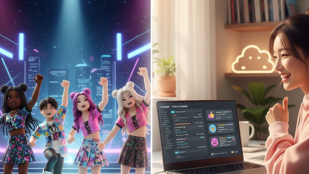 N잡 창업 아이디어로 성공한 모습. AI 바이브 코딩으로 만든 로블록스 아이템을 입고 즐거워하는 글로벌 10대 유저들과, 높은 수익을 확인하며 뿌듯해하는 한국인 제작자.