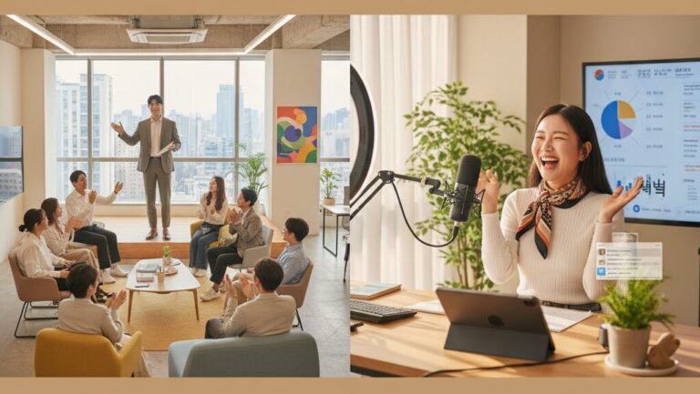 바텀업 조직문화 속에서 성장한 직장인과, 통찰력 있는 N잡 창업 아이디어로 성공한 문화 해설가 크리에이터의 모습.