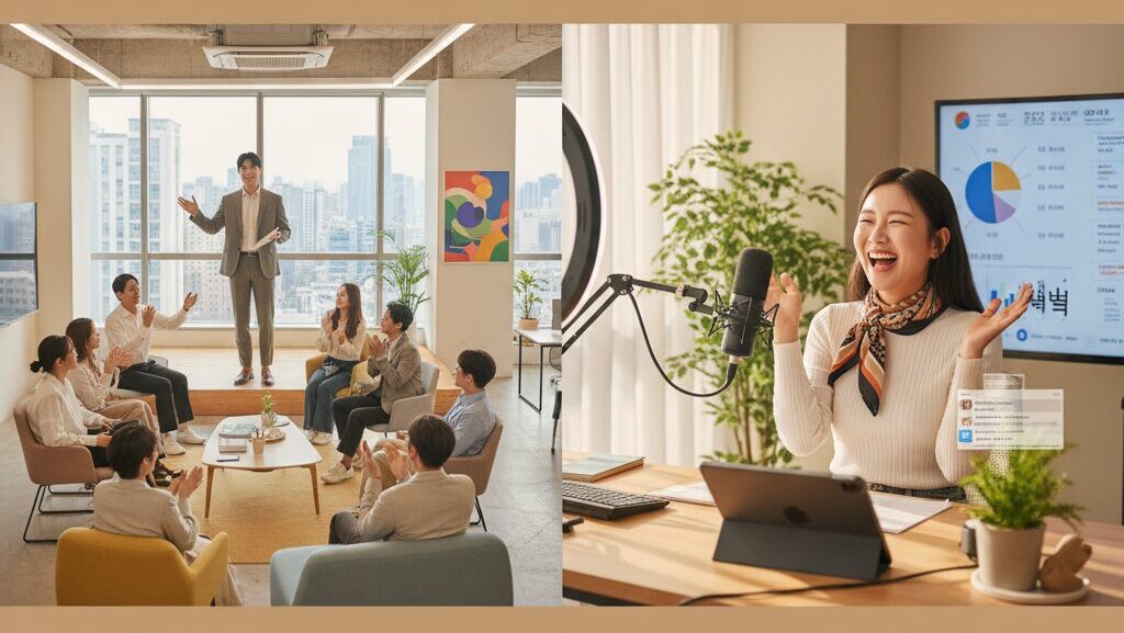 바텀업 조직문화 속에서 성장한 직장인과, 통찰력 있는 N잡 창업 아이디어로 성공한 문화 해설가 크리에이터의 모습.