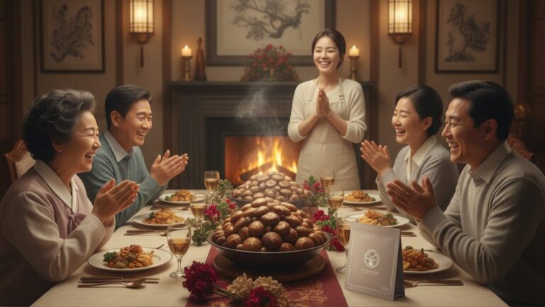 N잡 창업 아이디어로 탄생한 프리미엄 버섯 블렌드로 만든 요리를, 한국의 한 가족이 특별한 날에 함께 모여 맛보며 행복한 웃음을 짓고 있는 완성된 성공의 순간.