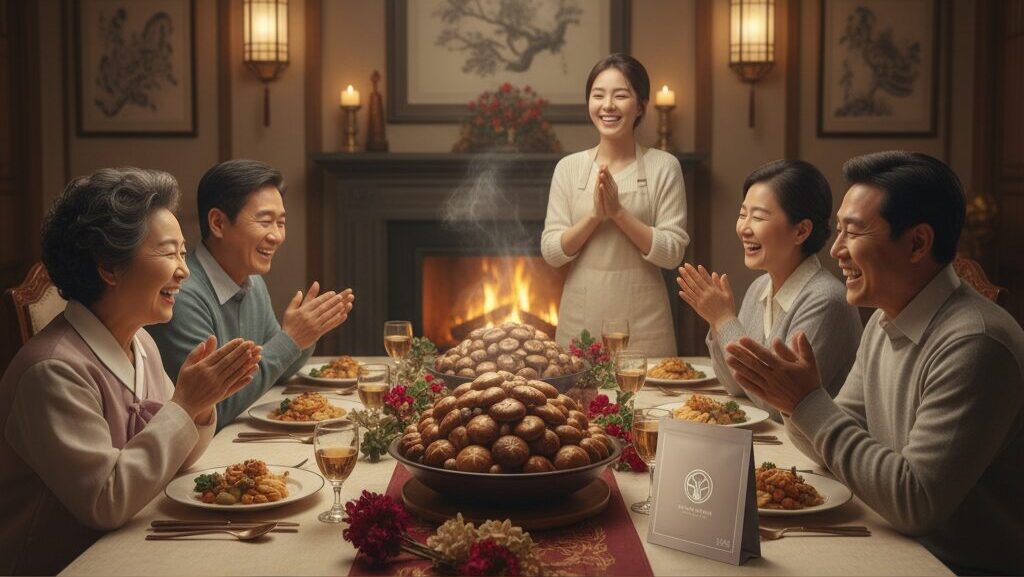 N잡 창업 아이디어로 탄생한 프리미엄 버섯 블렌드로 만든 요리를, 한국의 한 가족이 특별한 날에 함께 모여 맛보며 행복한 웃음을 짓고 있는 완성된 성공의 순간.