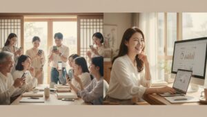 N잡 창업 아이디어 성공 모습. 쉬운 경제 뉴스 해설 블로그 덕분에 안심하는 한국인 독자들과, 높은 블로그 성과와 긍정적 댓글에 뿌듯해하는 한국인 블로거.