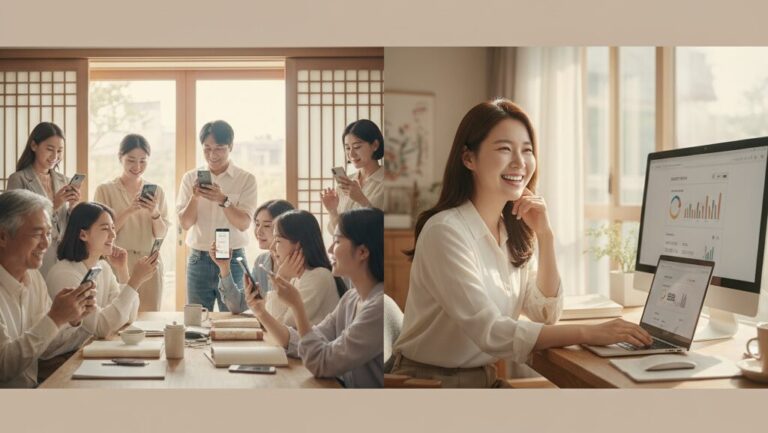 N잡 창업 아이디어 성공 모습. 쉬운 경제 뉴스 해설 블로그 덕분에 안심하는 한국인 독자들과, 높은 블로그 성과와 긍정적 댓글에 뿌듯해하는 한국인 블로거.